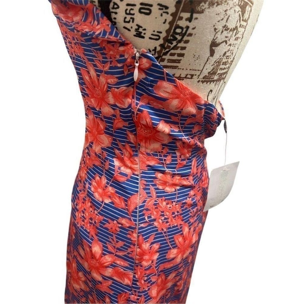 Belle Badgley Mischka Halter Dress Womens 0 Blue Coral Floral Striped Sheath NWT - Picture 11 of 11
